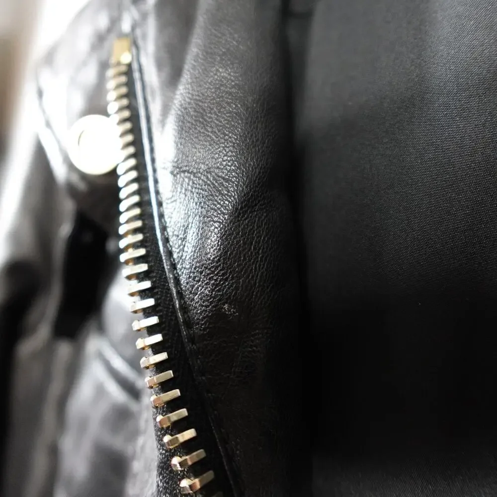 Longhi Black Leather Collared Cargo Utility Moto Biker Jacket Men's 46 Small